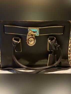 Michael Kors Black Leather Satchel with Gold Hardware and MK Lock